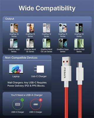 FEDUS 80W USB A to Type C SuperVOOC Fast Charging Cable - 1M Red