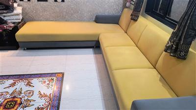 3 Seater + Lounger L-Shape Sofa with 6 Pillows– Like New ( 10×8 ft )