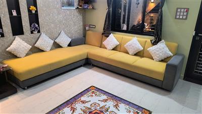 3 Seater + Lounger L-Shape Sofa with 6 Pillows– Like New ( 10×8 ft )