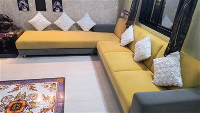 3 Seater + Lounger L-Shape Sofa with 6 Pillows– Like New ( 10×8 ft )