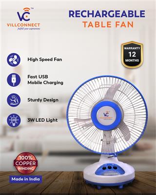 VILLCONNECT PortableAC DC Table Fan with oscillation Power, 3-Speed Settings, Wh