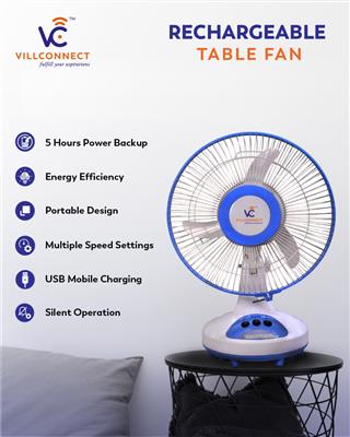 VILLCONNECT PortableAC DC Table Fan with oscillation Power, 3-Speed Settings, Wh