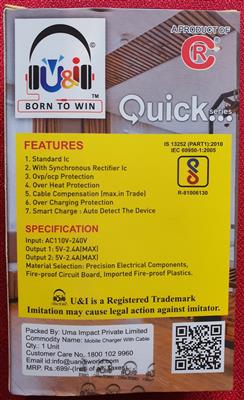 Fast Quick U&I 2.4A Mobile Phone Charger 2 USB With Type C Data Cable