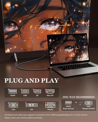 FEDUS HDMI to VGA Cable Adapter 1080P@60Hz Uni-Directional HDMI Computer to VGA