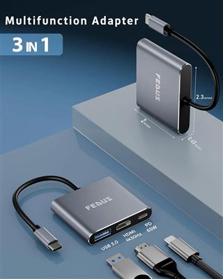 FEDUS 3-in-1 USB Hub Type C Hub, USB C Hub, USB Type C to 4K HDMI adapter Conver