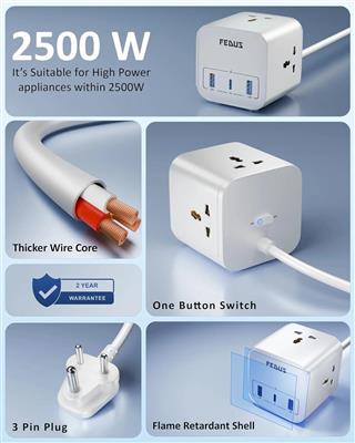 FEDUS Surge Protector, 3 Way Cube Shape Universal Sockets with USB Port Type A &