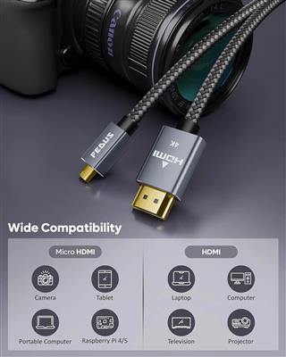 FEDUS 4K Micro HDMI to HDMI Cable 1.5 Meter, Micro HDMI 2.0 Adapter [4K@60Hz, 2K
