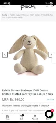 Pluchi Premium Knitted Bunny Soft Toy Baby-Safe Cotton Plush BIS Certified Nurse