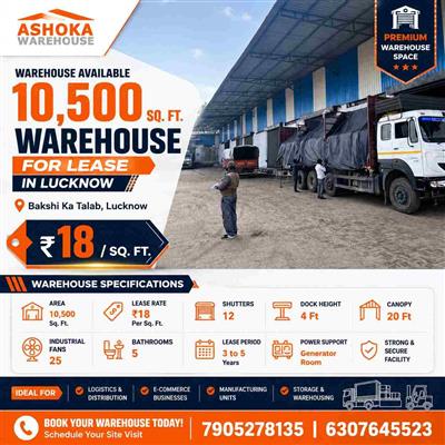 Large Warehouse for Lease in Lucknow | 10,500 Sqft Commercial Storage Space