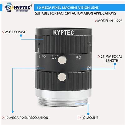 25 MM 10 MP C-Mount Machine Vision Lens for 2/3-Inch Camera Sensors