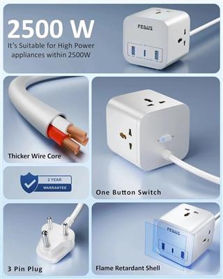 FEDUS 3-Way Universal Sockets Surge Protector Power Strip 3M