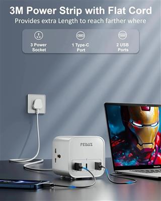 FEDUS 3-Way Universal Sockets Surge Protector Power Strip 3M