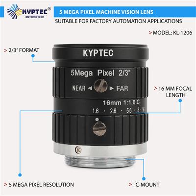 16 MM 5 MP C-Mount Machine Vision Lens for 2/3-Inch Industrial Sensors