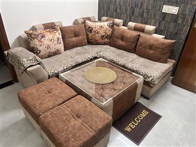 L-Shape 5 Seater Sofa Set + 2 Puffies + Center Table | Sleepwell Cushioning