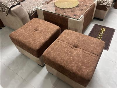 L-Shape 5 Seater Sofa Set + 2 Puffies + Center Table | Sleepwell Cushioning
