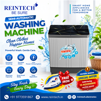 Bring home a Reintech Semi-Automatic Washing Machine and enjoy powerful washing.